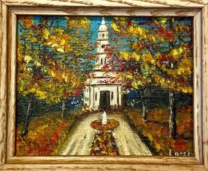 Vintage Small Original Oil Painting Church Autumn Landscape New England Larsen - Picture 1 of 7
