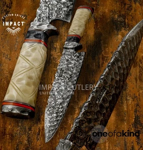 IMPACT CUTLERY CUSTOM ART HAMMERED DAMASCUS CHEF BOWIE KNIFE BONE HANDLE - Picture 1 of 14