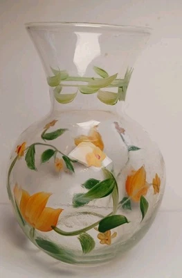 Jarrón de vidrio pintado a mano diseño de flores de tulipán transparente redondo decoración de mesa Foto 1 de 3