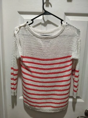 Suéter Ann Taylor Loft -XS Lino/Algodón Tejido Marfil Naranja Rayas Manga 3/4 Foto 1 de 4