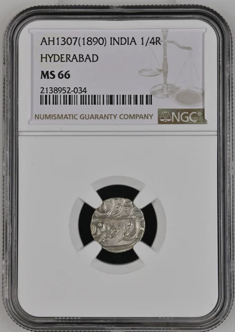 India HYDERABAD AH1307(1890) 1/4 Rupee Silver NGC MS66 Rare Top Pop Cover