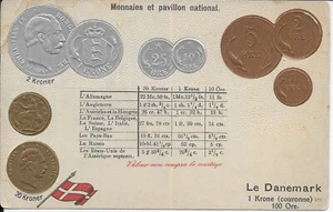 LE DANEMARK [Denmark] Embossed Vintage Coin and Flag Postcard not postally used - Picture 1 of 2