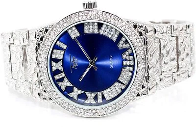 Iced Men Silver Watch Bling Rapper Simulate Diamond Nugget Band Hip Luxury Blue - Image 1 of 3