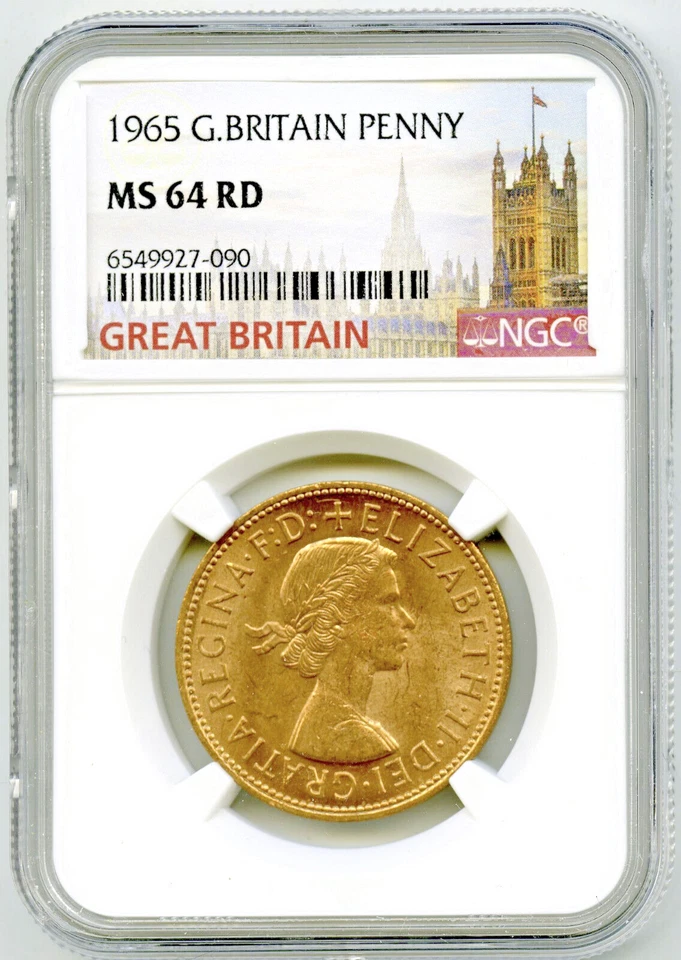1965 GREAT BRITAIN BRITANNIA LARGE COPPER PENNY NGC MS64 RD LOW MINTAGE - Image 1 of 2