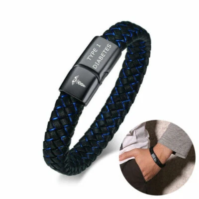 Pulsera de cuero trenzada de acero inoxidable para hombre con identificación de alerta médica grabado gratuito Foto 1 de 4