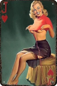 Metal Signs Pin Up Girls Sexy Girl Poker Jack Of Hearts Lady In Red Sweater Vint - Picture 1 of 6