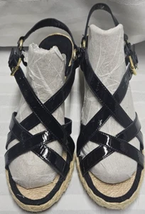 Ralph Lauren Chrissy Patent Leather Espadrille Wedge Sandal Black Women Sz 8B - Picture 1 of 14