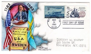 #2036 U.S.A. Sweden Treaty Dorothy Knapp Hand Painted Cachet 1983 FDC - Picture 1 of 1