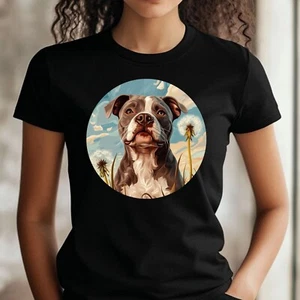 T-Shirt Frauen Pitbull mit Löwenzahn Motiv Baumwolle Größe XS bis 3XL - Picture 1 of 1