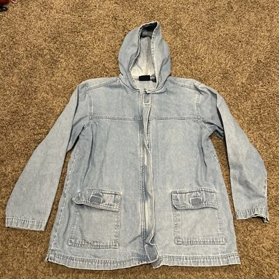 Blassport 复古牛仔夹克女式 L 连帽 Bill Blass 蓝色褪色 90 年代 — 第 1/3 张图片