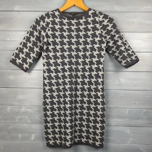 Cash Ca UK 8 Grey 3/4 Sleeve Crew Neck houndstooth Merino Wool 60s mini dress - Picture 1 of 6