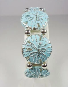 BEACH FASHION AQUA BLUE SAND DOLLARS RHODIUM NAUTICAL SEA LIFE STRETCH BRACELET - Picture 1 of 4