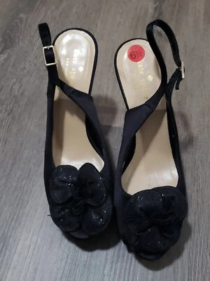 Kate Spade Black Satin Bow Slingback Peep Toe Heels Shoes Sz 6.5B Neiman-Marcus - Image 1 of 4