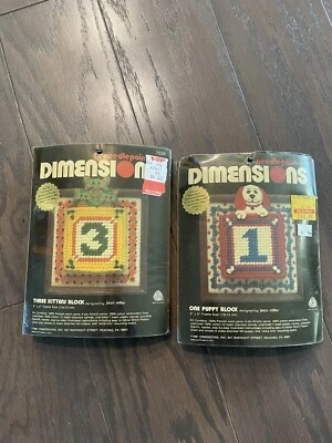 VTG 2 Needlepoint Dimensions Three 3 Kittens Block & One 1 Puppy Block Kits NOS - Image 1 of 3