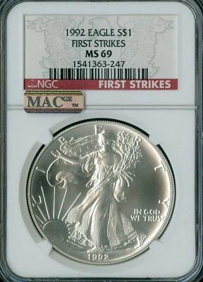 1992 SILVER EAGLE 1-OZ DOLLAR NGC MS69 PQ FIRST STRIKE FINEST MAC SPOTLESS . - Image 1 of 2