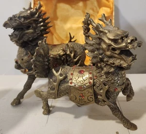 Pair of Bronze Statues Mythical Chinese Creatures Called "Kylin" Male & Female - Picture 1 of 8