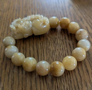 Antique Honey Yellow Jade Dragon Bracelet Round Bead Men Women's Bracelet - Picture 1 of 10