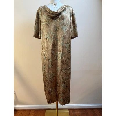 Vintage 90s 100% Silk Dress Brown Turquoise Floral Size 24W - Image 1 of 4