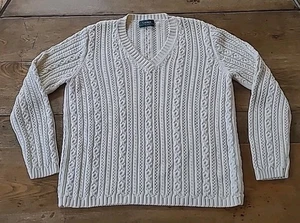 Polo Ralph Lauren V Neck Cotton Pullover S Ivory Cream Open Chunky Knit Coastal - Picture 1 of 13