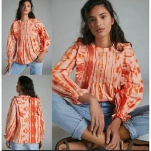 Camicetta Samant Chauhan stile Anthropologie con volant pintuck tinta unita plissettata boho - Foto 1 di 9