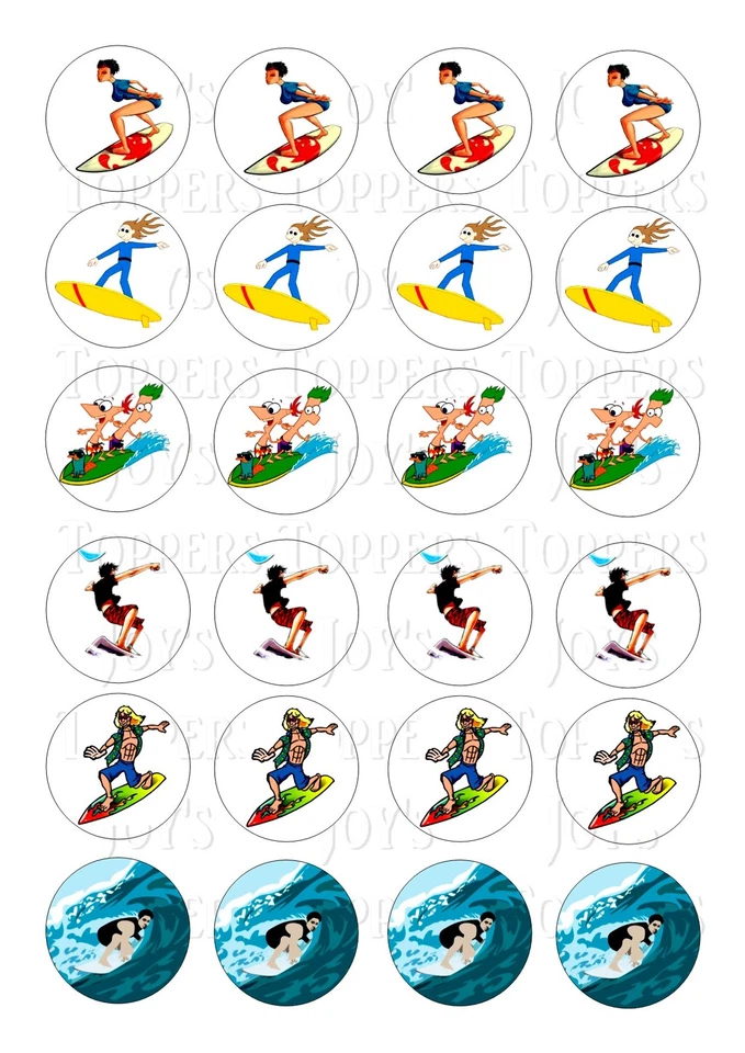 24 SURFING/WATER SPORT ICED/ ICING EDIBLE FAIRY/CUP CAKE  TOPPERS - Image 1 of 1