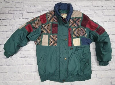 Vintage IZZI Patchwork Green Jacket Med Puffer Coat Textile Aztec Southwestern M - Image 1 of 4