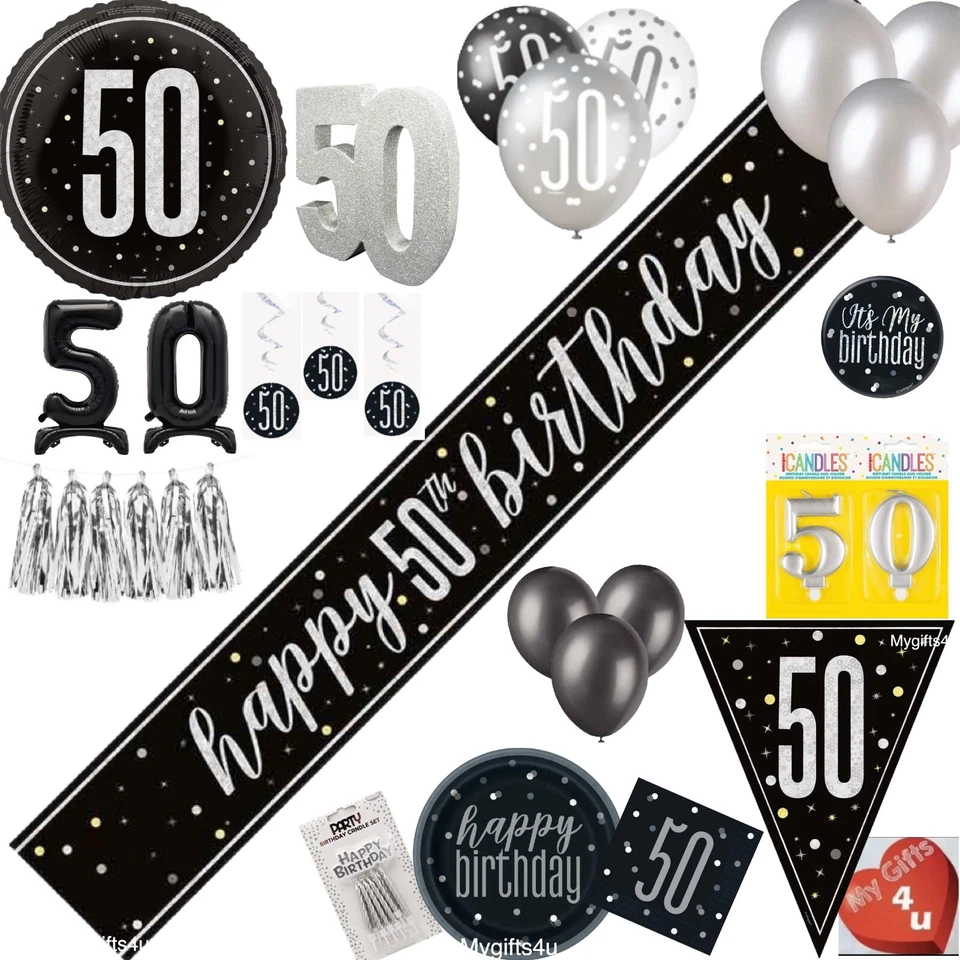 Black 50th & Happy Birthday Decorations Party Bunting Banner Silver Balloons age