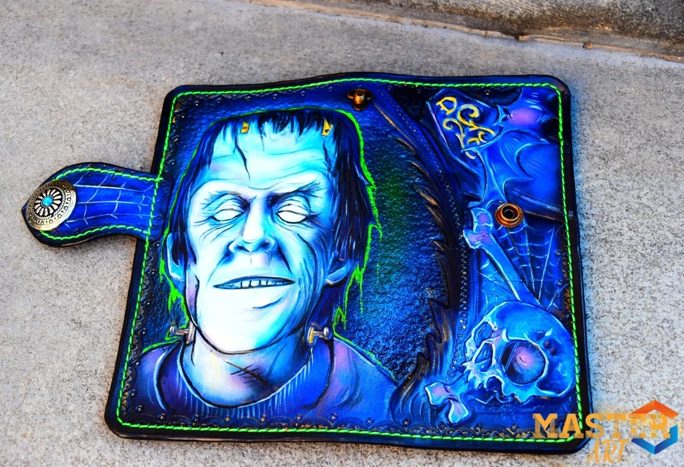 Frankenstein Cartera Cuero Tallado, Cartera Hombre Cuero, Cartera Tallada Foto 1 de 4