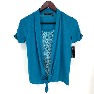 NOTATIONS Womens Cardigan w attached Crochet Tank Top Size PXS Petite Blue NWT - Picture 1 of 9
