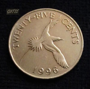 BERMUDAS, 25 CENTAVOS 1996, PÁJARO DE COLA LARGA, SIN CIRCULAR. - Imagen 1 de 2