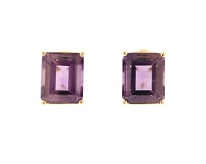 14K Yellow Gold Prong Set Emerald Cut Amethyst Stud Earrings - Picture 1 of 4