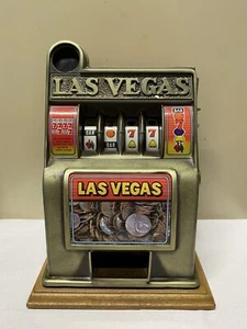 Vtg Metal/Oak Las Vegas Nevada Mini Slot Machine Toy Gambling Bank on Oak Base - Picture 1 of 15