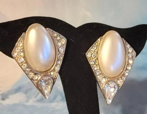 Vintage Large 1980s Statement Rhinestone Pierced Earrings - Art Deco Style wp-36 - Picture 1 of 8