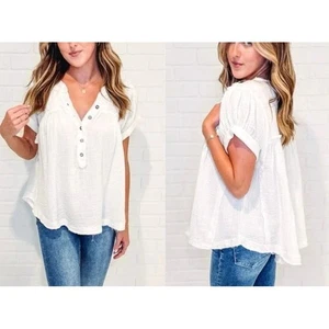 We The Free Women's Horizons Cotton Gauze Swing Henley Top Short Sleeve Medium - Picture 1 of 12