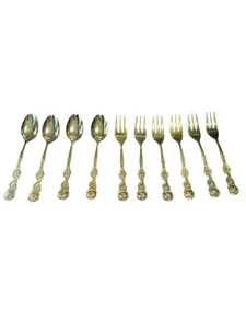 10 Stück Vintage Japan Edelstahl Demitasse Löffel Gabeln Set Goldfarben Rose - Bild 1 von 5