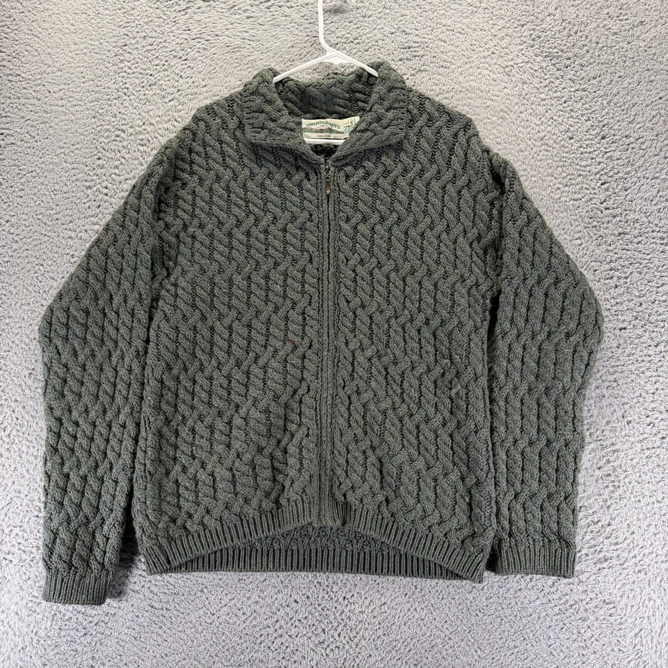 Vintage Aran Crafts Sweater Mens Large Green Ireland Merino Wool Cable Knit - Image 1 of 4