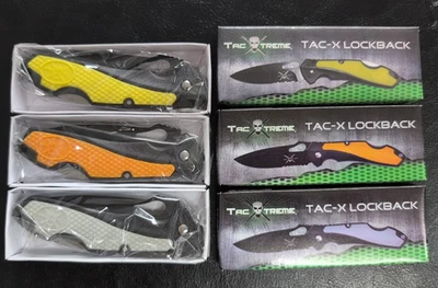Juego de 3 cuchillos de bolsillo plegables TacXtreme Tax-X Lockback (gris, amarillo, naranja) Foto 1 de 4