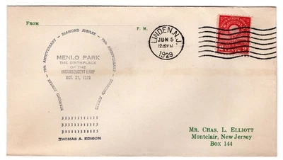 #654 Electric Light Edison 1929 FDC - Elliott Unofficial u/o Linden NJ - Image 1 of 2