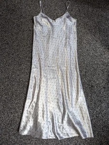 Slip Dress Size 14 Silver Black Polka Dot Satin Midi Cami - Picture 1 of 5