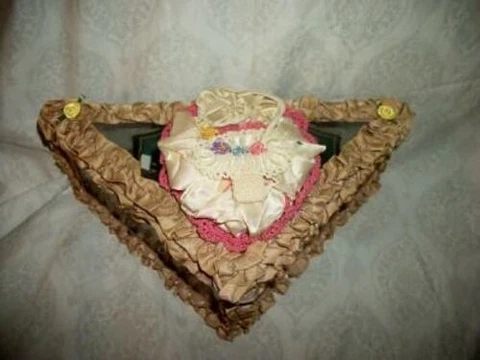 ANTIQUE SEWING BOX GLASS RIBBONS PIN CUSHION TRIANGLE 1920s HANDMADE OOAK Cover