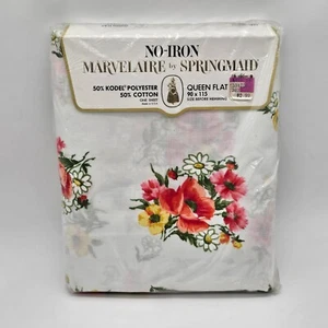 Vintage Springmaid Marvelaire Floral Poppies 90 x 115 Queen Flat Sheet - NOS NEW - Picture 1 of 9