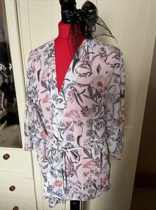 NEW LOOK Pre Loved Ivory Floral Chiffon 3/4 Sleeve Belted Kimono Top UK Size 10 - Picture 1 of 8