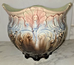 Large Scalloped WELLER Glazed  Art Nouveau Lion Peacock Head Jardiniere  c1900 - Picture 1 of 21