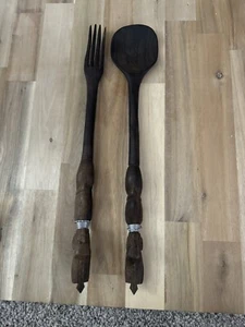 2 Vintage African Hand Carved Wooden Folk Art Figural Fork Spoon Wall Decor - Picture 1 of 3