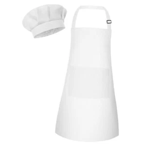 Kids Apron and Chef Hat Set Children Apron Adjustable with 2 Pockets 1 White - Picture 1 of 8