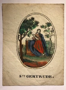 ¿GRABADO SIGLO 17/XVIII? TARJETA SAGRADA pintura a mano sobre papel arte Santa Gertrudis  - Imagen 1 de 3