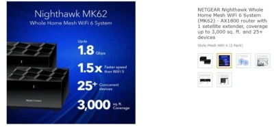 UNOPENED NETGEAR Nighthawk MK62 AX1800 Wi-Fi 6 Dual-Band Mesh Router 2-Pack - Image 1 of 3