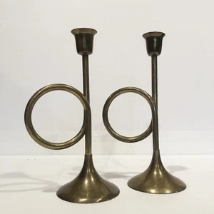 Messing Trompete Horn Kerzenhalter Kegel 8" Patina Indien Vintage 2er Set - Bild 1 von 12