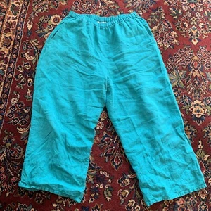 Flax Pants Womens Medium Elastic Lagenlook Pull On Wide Leg Cropped Teal Linen - Picture 1 of 8