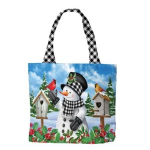 Checkered Snowman Winter Canvas Tote Bag Cardinal Pair Berries 14.5" x 15" - Picture 1 of 4